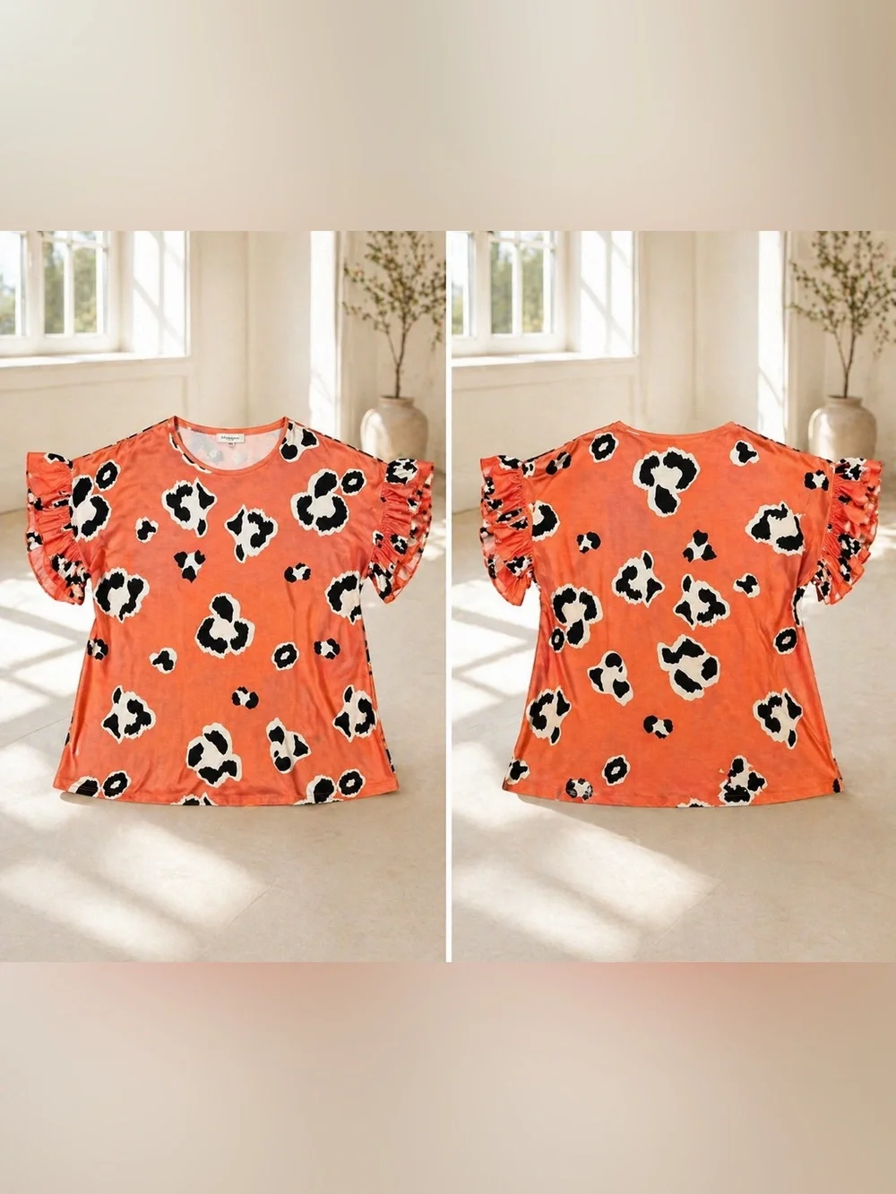 Southern Stitch Women's Coral Leopard-Print Ruffle Sleeve Tee Size XL EUC - Picture 2 of 4